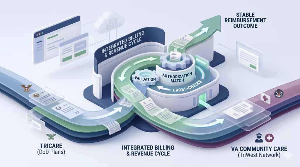 Military Insurance Guide: Tricare West, TriWest & More 1 Infographic diagram showing the separation of TRICARE DoD plans and TriWest VA Community Care workflows flowing into a centralized validation and authorization matching gear for a stable reimbursement outcome.