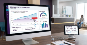 Healthcare Operations & Practice Management Blog | Integral Clinic Solutions 9 A medical revenue cycle dashboard on a computer screen showing a graph for production vs collections, highlighting revenue leakage, next to a stethoscope on a clinic desk.