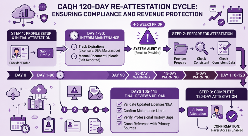 How Medical Practices Should Manage CAQH ProView 1 An operational workflow chart of the CAQH 120-day compliance cycle rendered in shades of purple. It shows a linear timeline marking interim maintenance from days 1 to 90, system warnings leading up to the deadline, a final review window between days 105 and 115, and the final attestation completion that enables payer access.