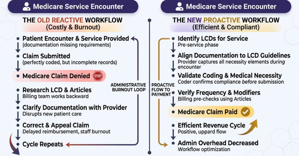 Local Coverage Determinations: How to Avoid Medicare Claim Denials 1 Comparison flowchart showing the Old Reactive Workflow, which leads to denials and staff burnout, versus the New Proactive Workflow, which aligns documentation with Local Coverage Determinations guidelines to ensure claim payment and improve revenue cycle efficiency.