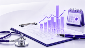 Healthcare Operations & Practice Management Blog | Integral Clinic Solutions 3 A clipboard with a medical contract, stethoscope, and data charts in shades of purple, illustrating the complexity of payer contract negotiation.