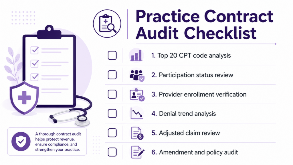 Improving Medical Practice Revenue Through Payer Contract Negotiation 1 Infographic of a practice contract audit checklist showing steps to review CPT codes, provider enrollment, and denial trends.