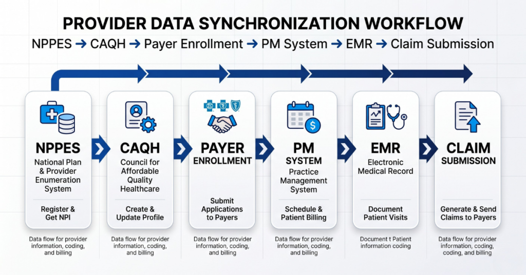 Mismatched NPI Numbers: The Upstream Enrollment Mismatch Killing Your Clean Claim Rate 1 Provider data synchronization workflow showing NPPES, CAQH, payer enrollment, practice management systems, EMRs, and claim submission processes.
