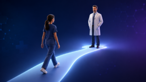 Healthcare Operations & Practice Management Blog | Integral Clinic Solutions 3 Incident-To Billing illustration showing a nurse practitioner following a single illuminated pathway toward a supervising physician.