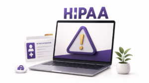 Healthcare Operations & Practice Management Blog | Integral Clinic Solutions 4 HIPAA breach response represented by a patient information record and warning alert on a medical practice laptop.