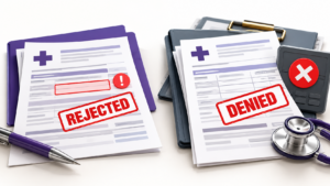Healthcare Operations & Practice Management Blog | Integral Clinic Solutions 4 Side-by-side medical claim documents illustrating claim rejection vs. claim denial, with a rejected claim showing a data error and a denied claim showing a payer payment decision.