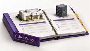 Healthcare Operations & Practice Management Blog | Integral Clinic Solutions 2 Open cyber liability insurance policy binder with miniature medical practice and external server models.