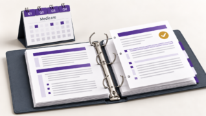 Healthcare Operations & Practice Management Blog | Integral Clinic Solutions 8 Open practice-procedure binder with a revised page beside a Medicare calendar with quarterly tabs.