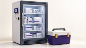 Healthcare Operations & Practice Management Blog | Integral Clinic Solutions 1 Vaccine storage and handling setup with organized vaccine cartons inside a refrigerator, an external temperature logger, and an insulated transport carrier.